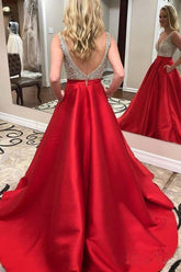 Formal Deep V-Neck Beaded Red Satin Prom Dresses With Pocket